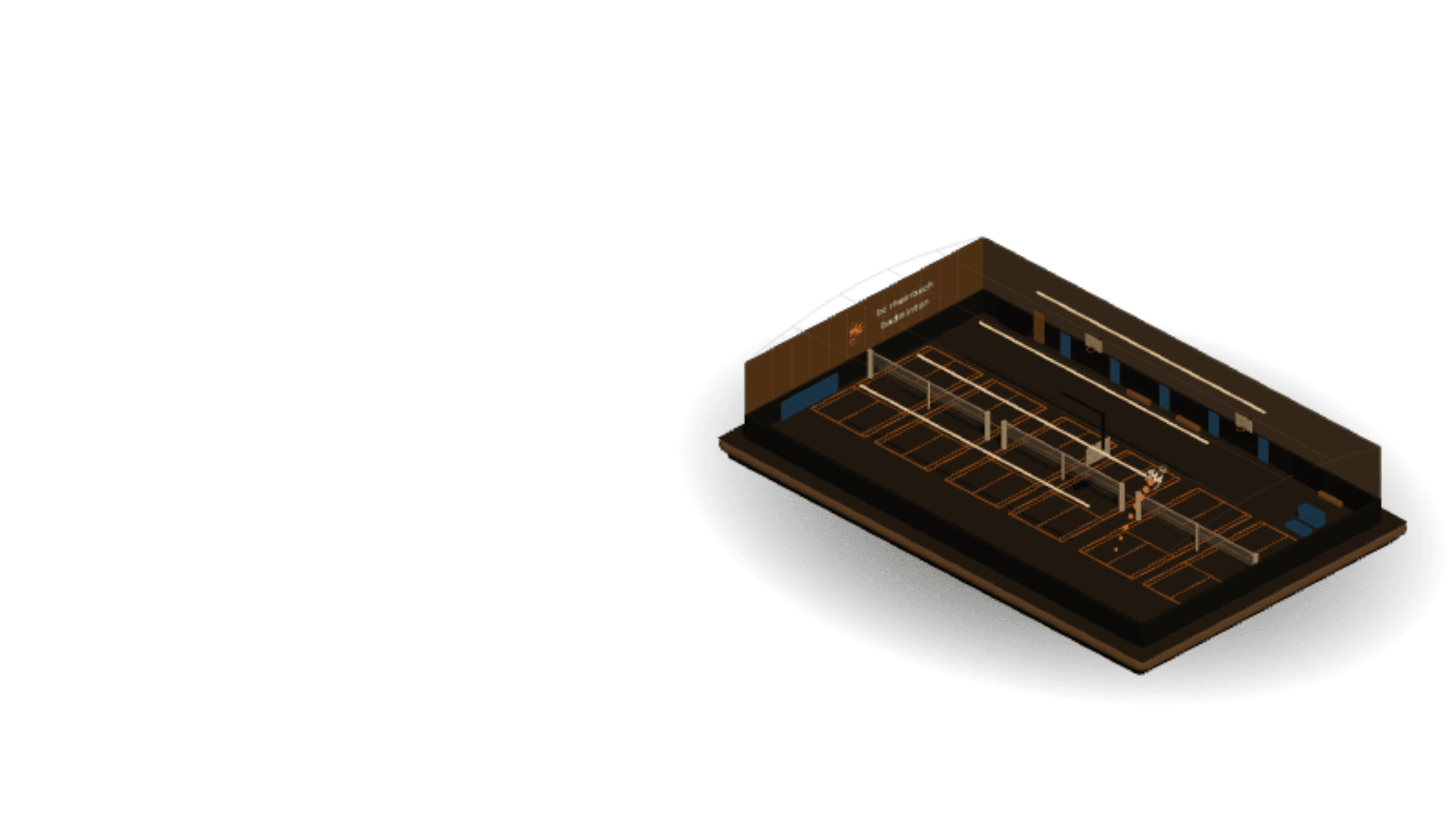 Stilisierte 3D-Ansicht der Sporthalle des Sankt-Joseph-Gymnasiums: sechs Badmintonfelder mit drei Netzen, dunkler Sockelleiste, blauen Türen und heller Holzverkleidung.